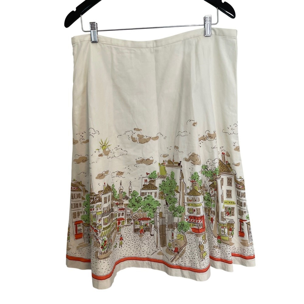 J.Crew Paris Street Scene Cotton A-Line Skirt Ivory Orange Novelty Print 12